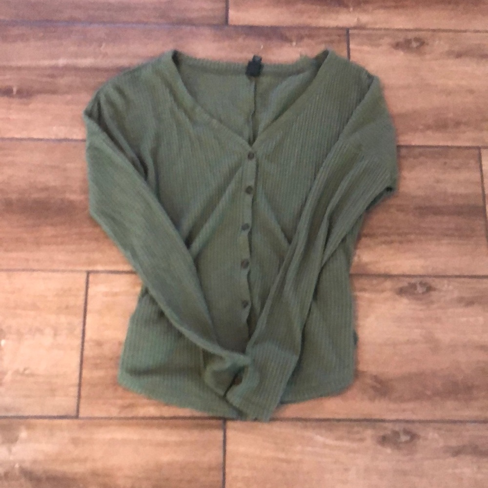 Waffle knit button down top